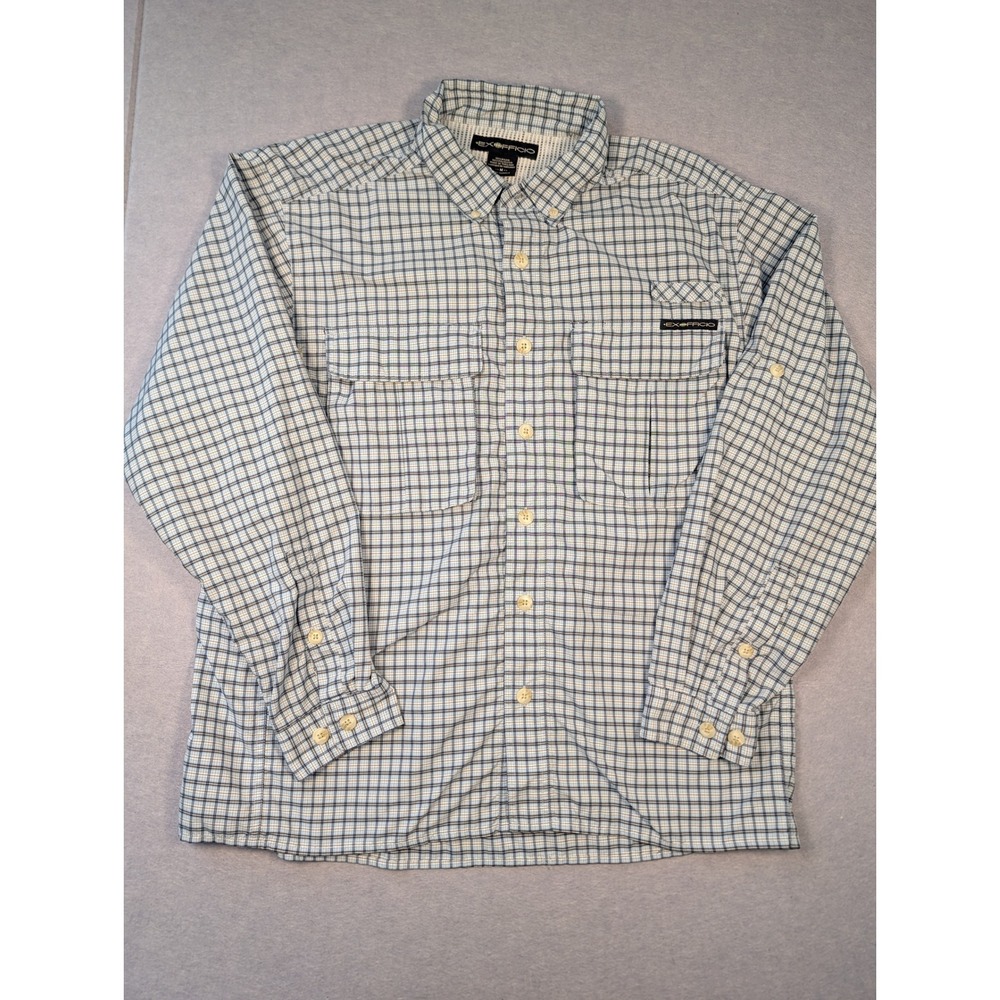 ExOfficio Fishing Shirt Mens M Blue Plaid Long Sleeve Vented Hiking Excellent